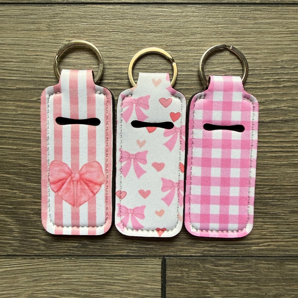 Set of‎ 3 Pink Neoprene Chapstick Holder Keychains Bows Hearts Gingham Stripe
